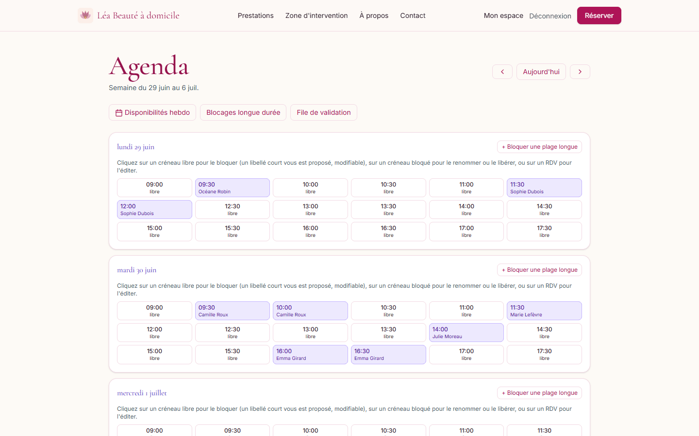 Agenda hebdomadaire d'une professionnelle dans Domospro