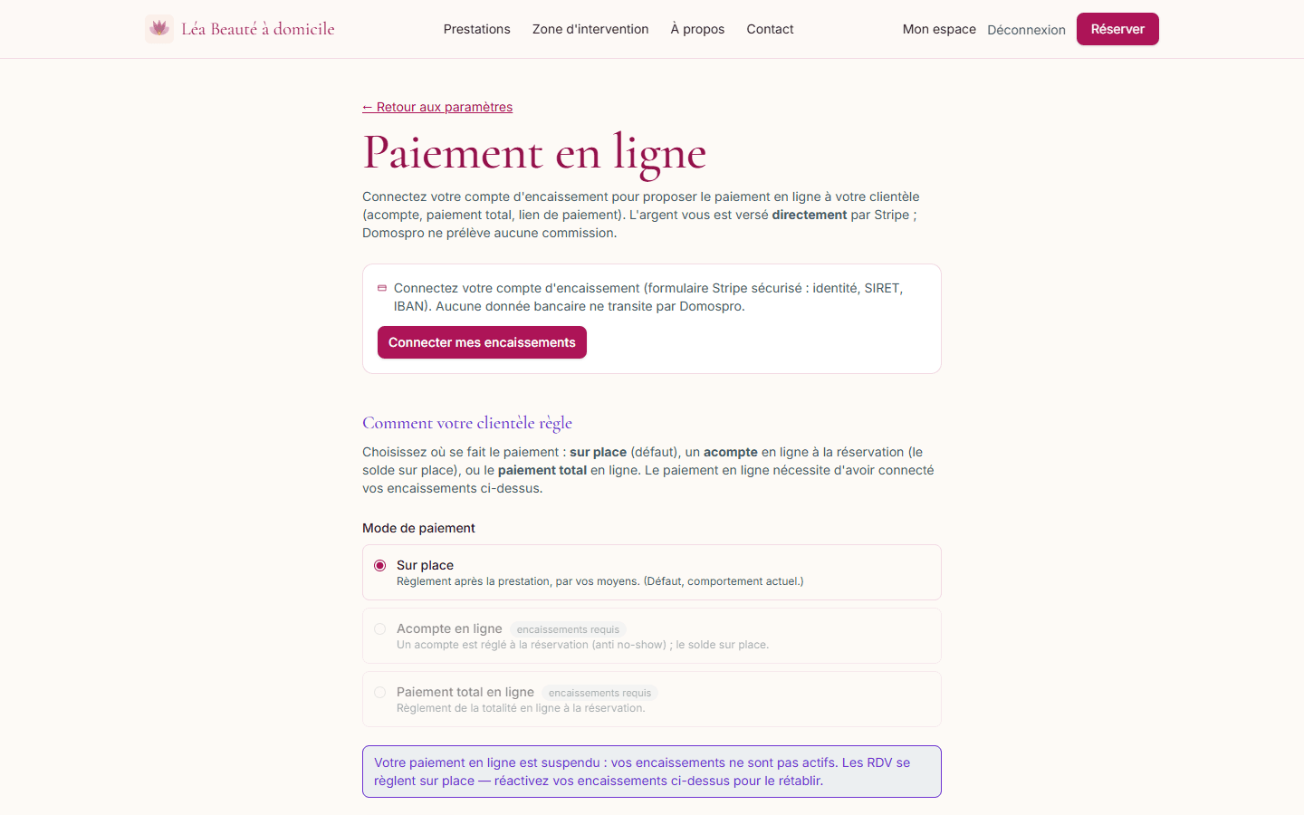 Paiement — sur place, acompte ou en ligne